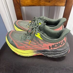 Hoka Men's Athletic Shoes in Green and Yellow with Red Accents